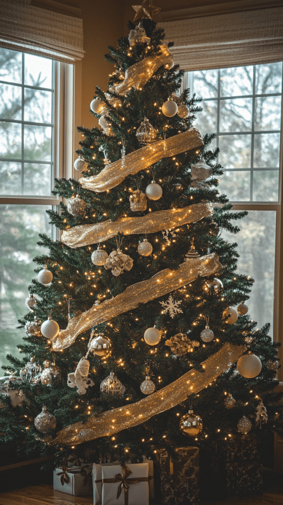 Elegant gold ribbon Christmas tree decorated with warm white lights and glass ornaments — perfect Christmas Tree Ribbon Ideas for a luxury look.
