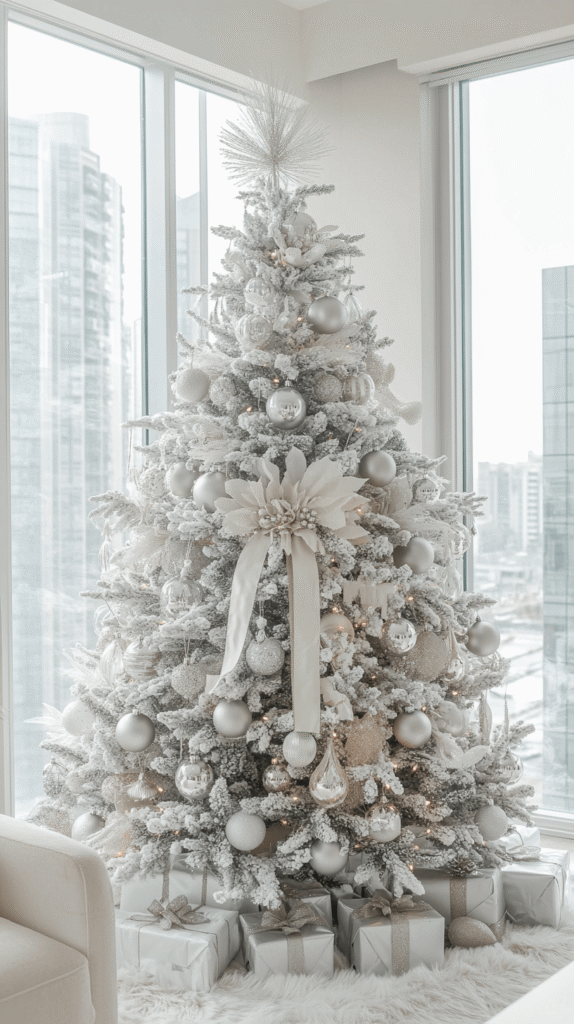 Modern silver ribbon Christmas tree with white lights and frosted ornaments — chic and simple Christmas Tree Ribbon Ideas for minimalist homes.