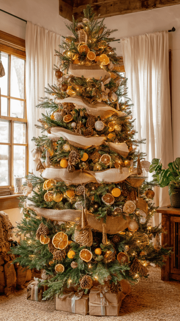 Rustic Christmas tree with burlap ribbon, dried oranges, and natural accents — cozy farmhouse Christmas Tree Ribbon Ideas full of warmth.