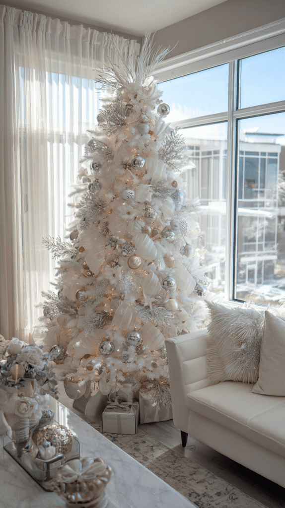 All-white Christmas tree with satin ribbon and silver ornaments — dreamy Christmas Tree Ribbon Ideas for a winter wonderland aesthetic.
