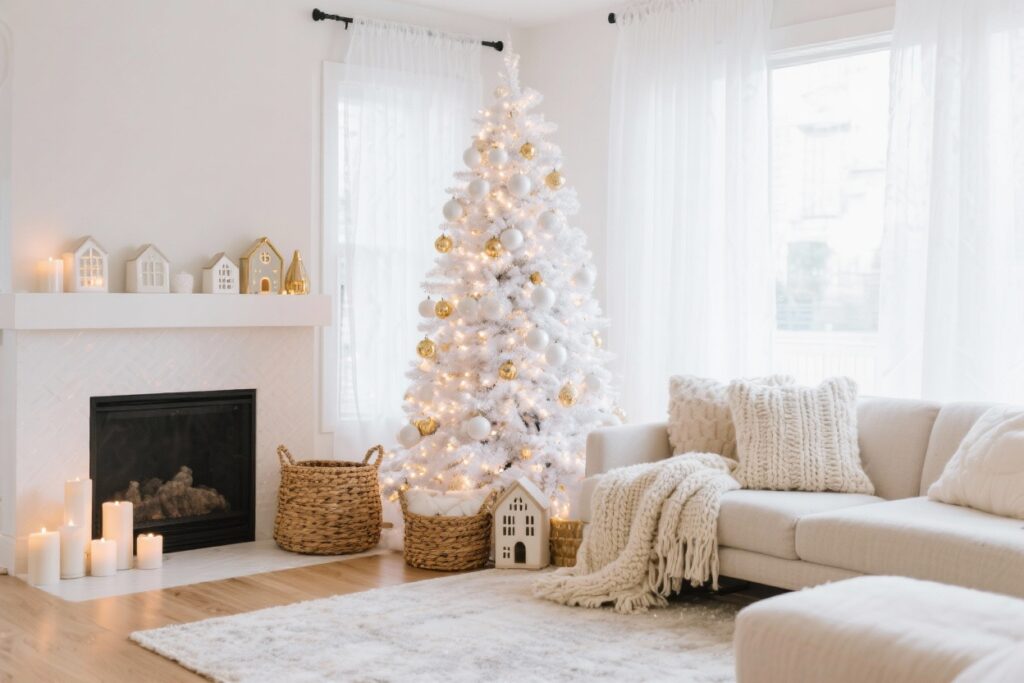 Classic white christmas tree decorating ideas with fluffy garland and gold baubles.