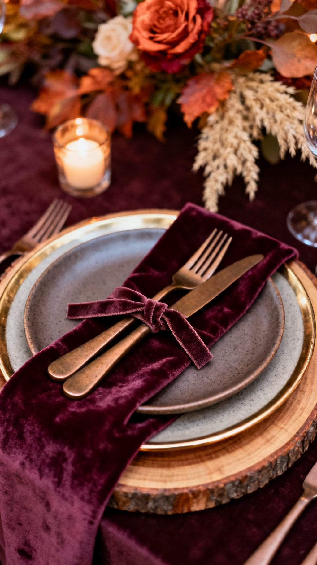 Closeup detail shot of a fall wedding place setting featuring velvet-wrapped charger plates in deep mulberry, paired with matte stoneware dinner plate, brass-rimmed salad plate, and brushed bronze flatware tied with a slim suede ribbon; soft natural candlelight casting warm highlights on the velvet pile; rich fallal palette of plum, copper, and oat.