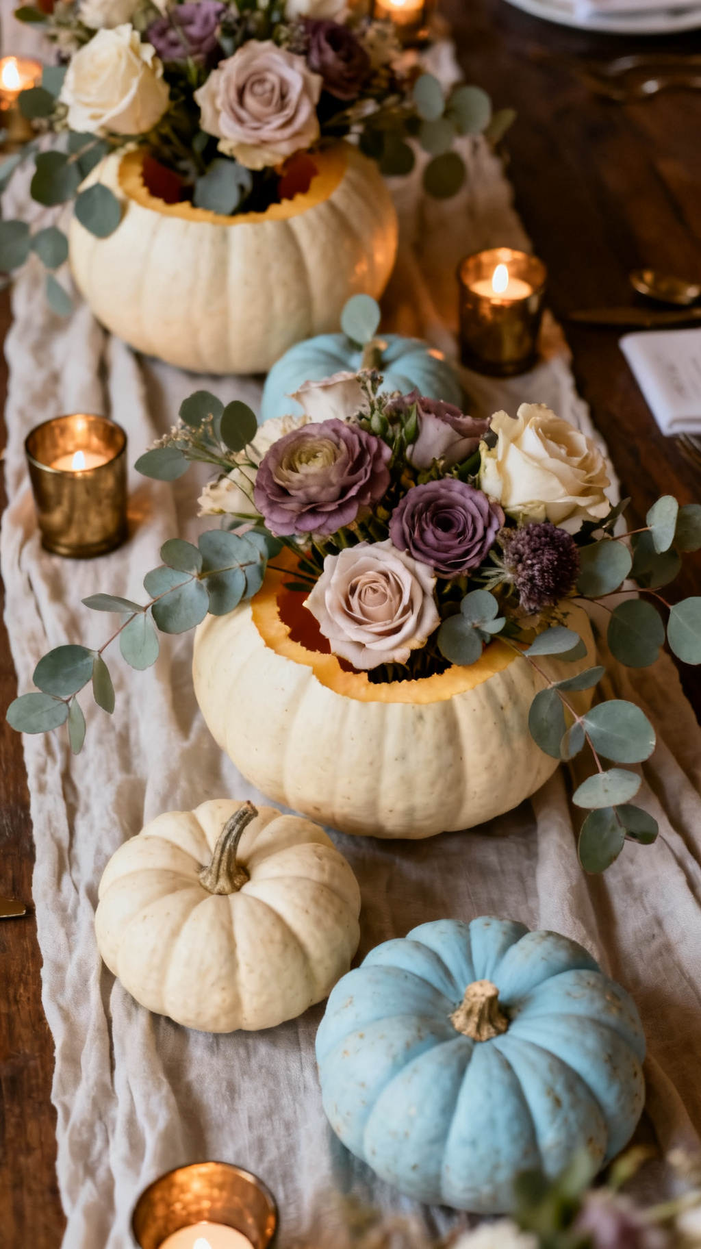 Overhead detail shot of elegant pumpkin centerpieces in cream and pale-blue heirloom varieties (Cinderella and Jarrahdale pumpkins), hollowed and filled with low moody floral arrangements of garden roses, ranunculus, and trailing eucalyptus; placed along a draped linen runner with brass votives; warm intimate lighting; refined fallal palette of cream, mauve, and sage.