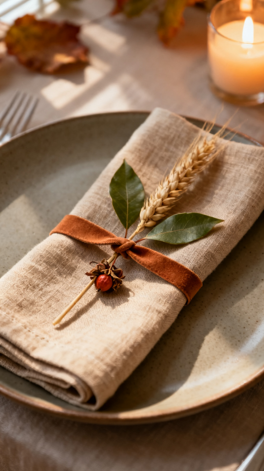Tight closeup of a folded linen napkin in oat tone, tied with a slim caramel suede ribbon, finished with a single sprig of dried wheat, a bay leaf, and a tiny dried rosehip cluster; resting on a matte ceramic plate; soft side window light; warm shadows; tactile fabric weave visible.