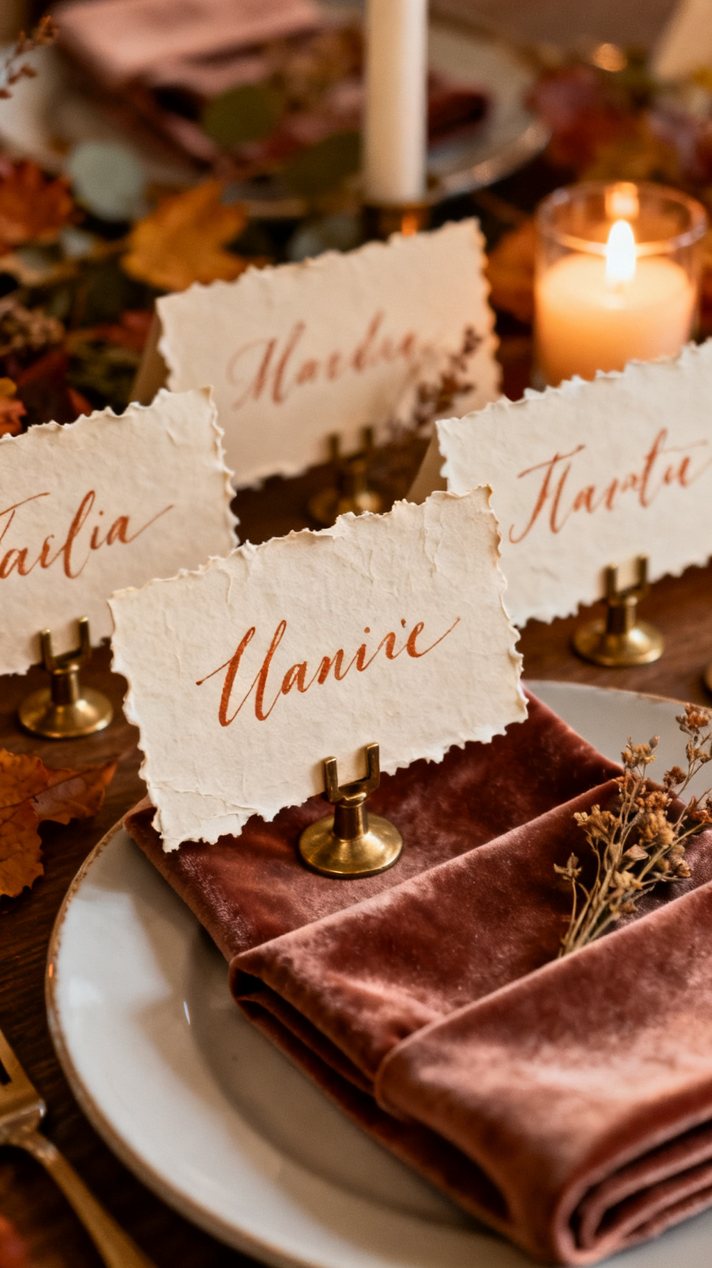 Closeup of hand-lettered calligraphy place cards on thick handmade cardstock with deckled edges, names written in flowing copper ink; cards displayed in tiny brass card stands or tucked into folded velvet napkins; subtle dried botanical accent beside each; soft candlelit warmth on the paper texture; refined editorial feel; warm fall palette.