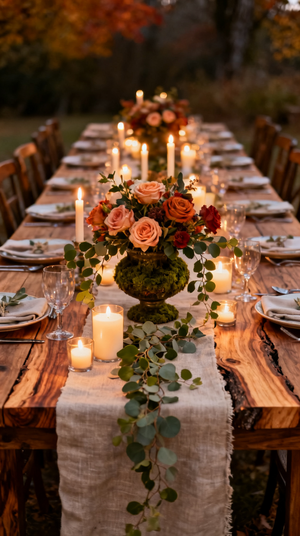 Wide shot of a long farm-table reception runner with raw-edge walnut wood slabs running down the center as bases for floral arrangements and candles; layered with linen runner peeking out from edges; mossy compote vases of garden roses and trailing greenery; mixed candle heights interspersed; rustic-meets-refined fallal styling; warm evening glow.