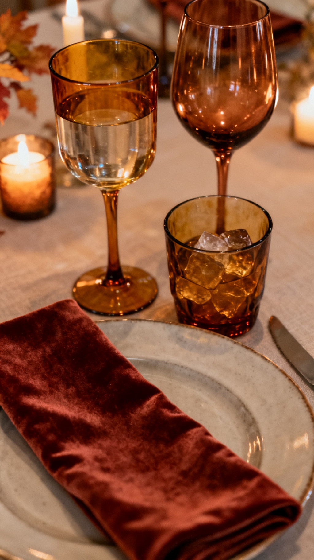 Medium shot of an fall reception place setting with smoked amber and bronze glassware: amber water goblet, bronze-tinted wine glass, and an amber rocks tumbler arranged above the plate; deep linen napkin in rust velvet beside; warm candlelight illuminating the translucent glass colors; refined editorial styling; intimate close perspective.