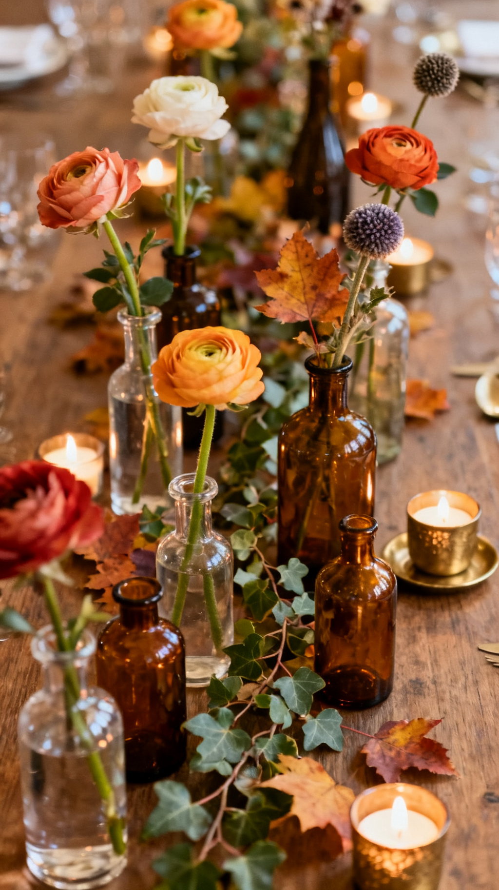 Overhead detail shot of apothecary-style clear and amber glass bud vases scattered along a fall wedding table: each holding 1-3 stems of garden roses, ranunculus, scabiosa pods, fall foliage, or trailing ivy; collection of mismatched bottles in varying heights creates a botanical-laboratory feel; nestled among low candles and brass details; warm light.