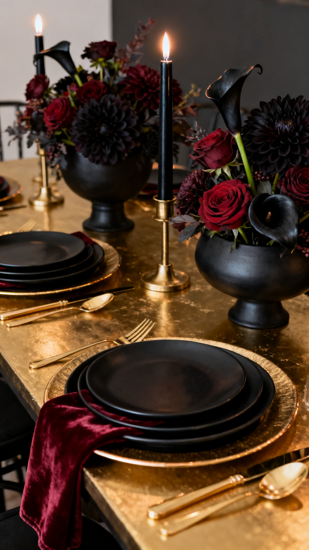 Medium shot of a moody black-and-gold glam fall wedding table: matte black china stacked on gold-rimmed chargers, gold flatware, black taper candles in brass holders, and deep crimson velvet napkins; arrangements of dark dahlias, burgundy roses, and black calla lilies in matte black compotes; dramatic candlelight on gold surfaces; sophisticated dark fallal palette.