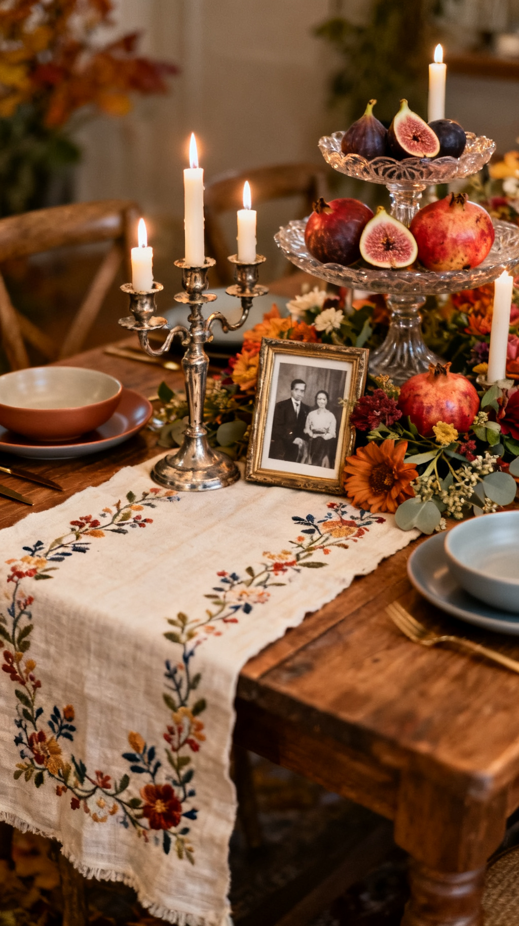 Wide shot of a fall wedding tablescape weaving in heirloom family pieces: grandmother's silver candlesticks (slightly tarnished, real-looking), great-aunt's hand-embroidered linen runner, antique pressed-glass cake stand holding figs and pomegranates, and a small framed family photo tucked discreetly among florals; mixed with modern matte ceramics; warm storytelling intimacy; soft candlelight.