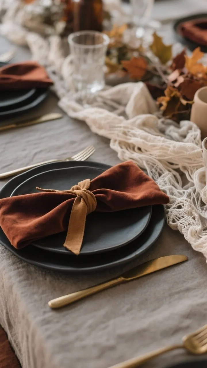 Closeup detail shot of a fall wedding tablescape focused on layered textures: a soft linen/cheesecloth runner draped with movement, matte black ceramic plates, brushed brass flatware, and deep velvet napkins knotted with a suede ribbon; tight 3–4 tone palette in taupe, charcoal, camel, and muted rust; shallow depth of field to highlight fabric weave and matte finishes; warm, soft ambient lighting; no people.