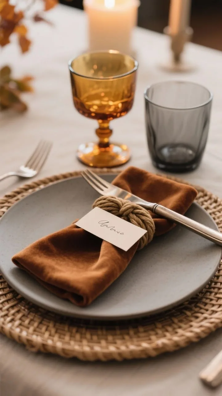 Closeup of an upgraded place setting: rattan or wood chargers under matte ceramic dinner plates, smaller salad plates in tonal earth shades, brushed brass flatware aligned with intention; deep mulberry velvet napkin folded simply with a small dried sprig tucked under a brass napkin ring; soft warm candlelight; refined fallal palette; portrait-leaning crop.