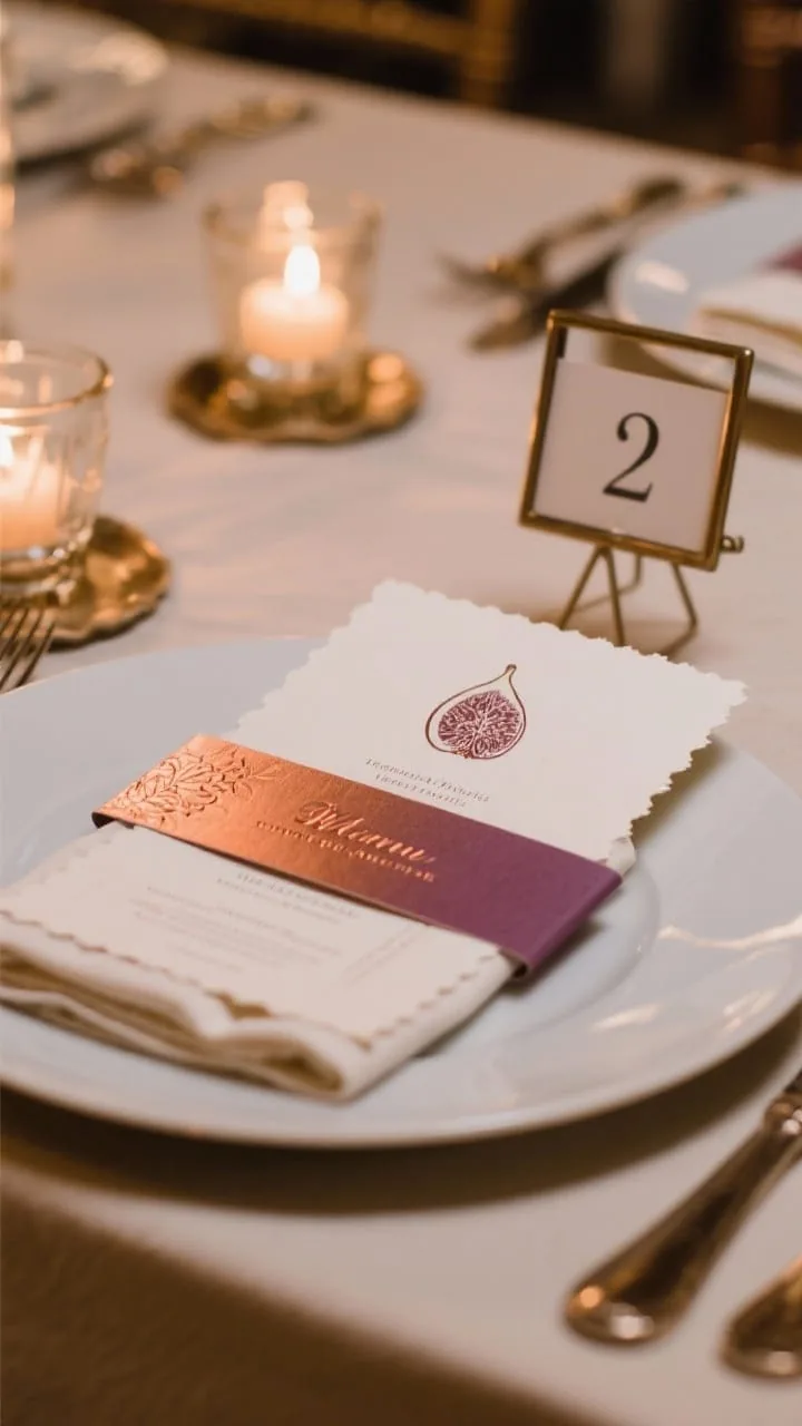 Closeup of paper goods as art at the place setting: thick cardstock menu with deckled edges, tonal ink in rust/plum and metallic copper header, subtle embossed detail, and a small botanical fig/leaf motif; menu centered on the plate or tucked into a folded napkin; table number in a simple metal frame coordinating with chargers/candleholders; warm, intimate lighting; shallow depth of field.