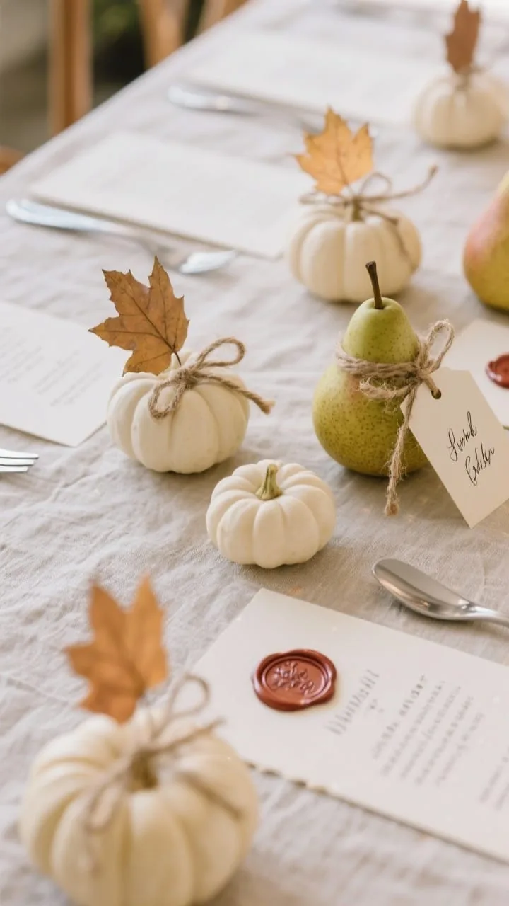 Detail shot of personalized place cards with fall flair: small thick cardstock cards with hand-lettered names in copper ink, each tucked into a single fig, a slice of dried orange, or a velvet ribbon-wrapped pinecone; arranged on neutral ceramic plates with warm candlelight; intimate fallal styling.