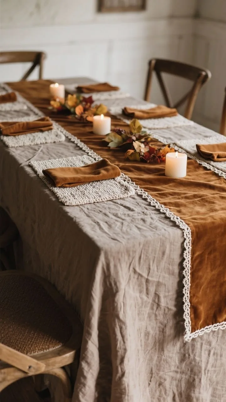 Medium shot celebrating cozy linens: a linen tablecloth in warm taupe with relaxed crinkle, complemented by deep camel velvet napkins; optional velvet runner paired with crisp cotton hemstitch napkins and textured placemats on a long farm table; candlelight-friendly fabrics creating soft highlights; neutral foundation with fall accents; straight-on view.