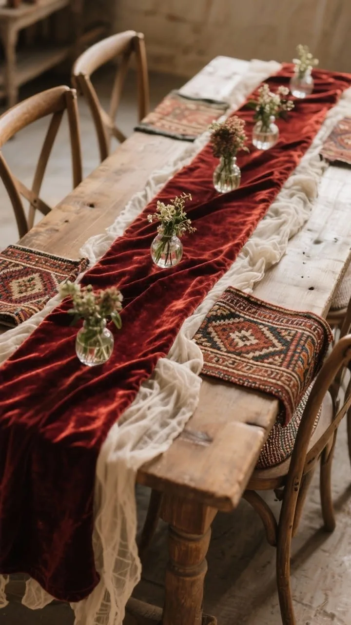 Medium shot centered on a statement table runner: a dramatic velvet runner in deep rust running the length of a farm table, with elongated, low centerpieces aligned along it; alternative swatches of gauzy cheesecloth and a patterned vintage textile (subtle kilim motif) layered at ends for personality; cohesive palette; soft, romantic lighting; angled view from table corner to capture drape and texture.