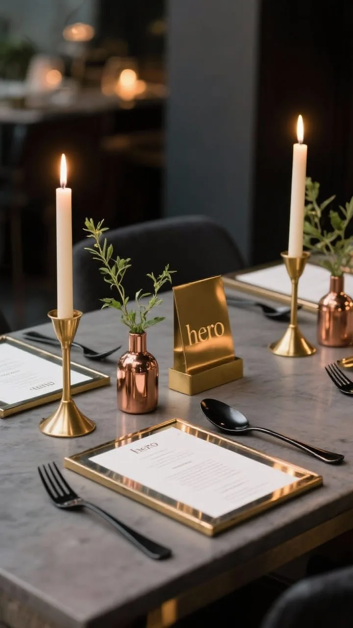 Medium shot highlighting mixed metals on a tablescape: brushed brass candleholders, copper accents on bud vases and napkin rings, hints of matte black flatware, and gold-foil menu cards reflecting candlelight; cohesive warm palette of brass, copper, and black; intimate evening lighting; angled view to capture metallic glints.