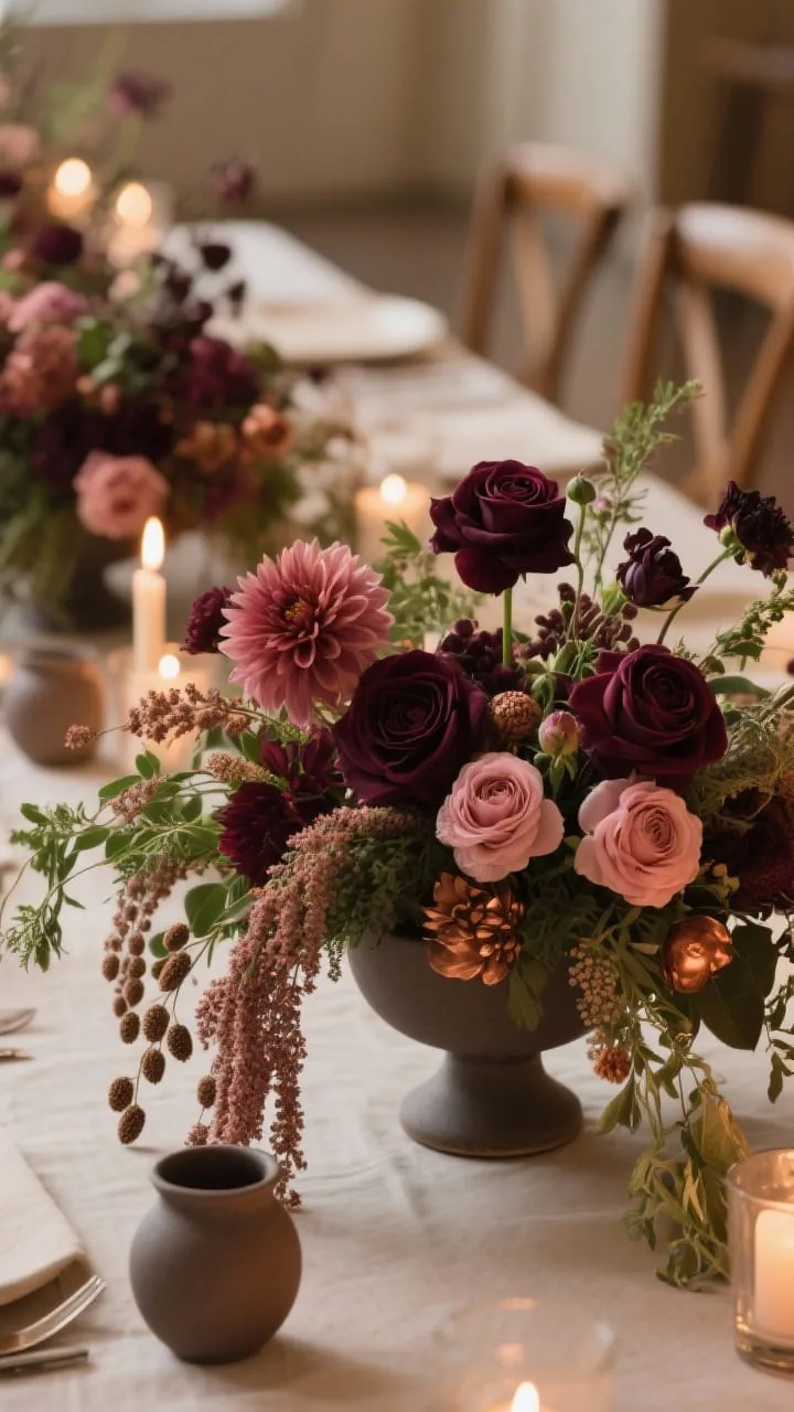 Medium shot of low, sprawling moody floral centerpieces on a reception table: lush dahlias, ranunculus, and garden roses in deep burgundy, blush, and copper accents, with wild greenery, amaranthus draping, and seed pods; arrangements kept low for easy conversation; matte ceramic compote vases; candlelit atmosphere implied but not dominant; warm, intimate tone; side angle.