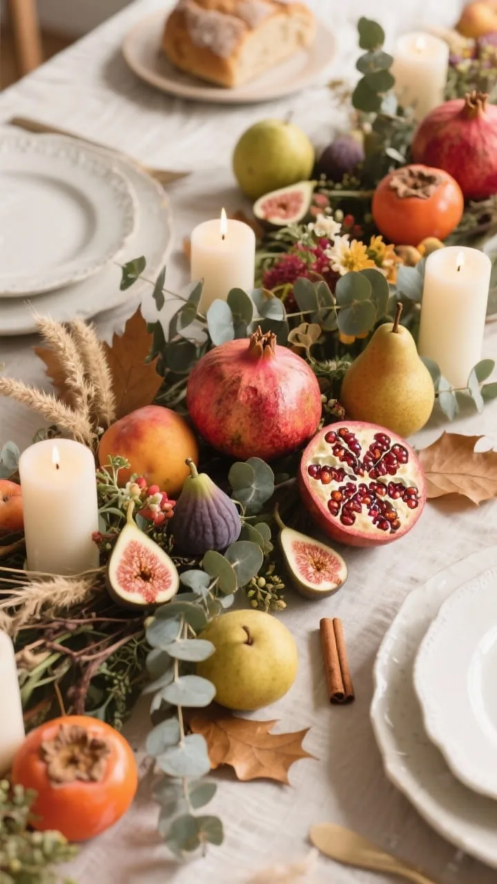 Overhead detail shot of seasonal fruits and foliage woven through a centerpiece: whole figs, pomegranates, persimmons, and pears arranged around candles and florals; a few sliced figs and halved pomegranates showing jeweled interiors; trailing eucalyptus and ruscus intertwined with scattered oak leaves, dried grasses, and cinnamon sticks; careful placement away from bread plates; warm, natural light.