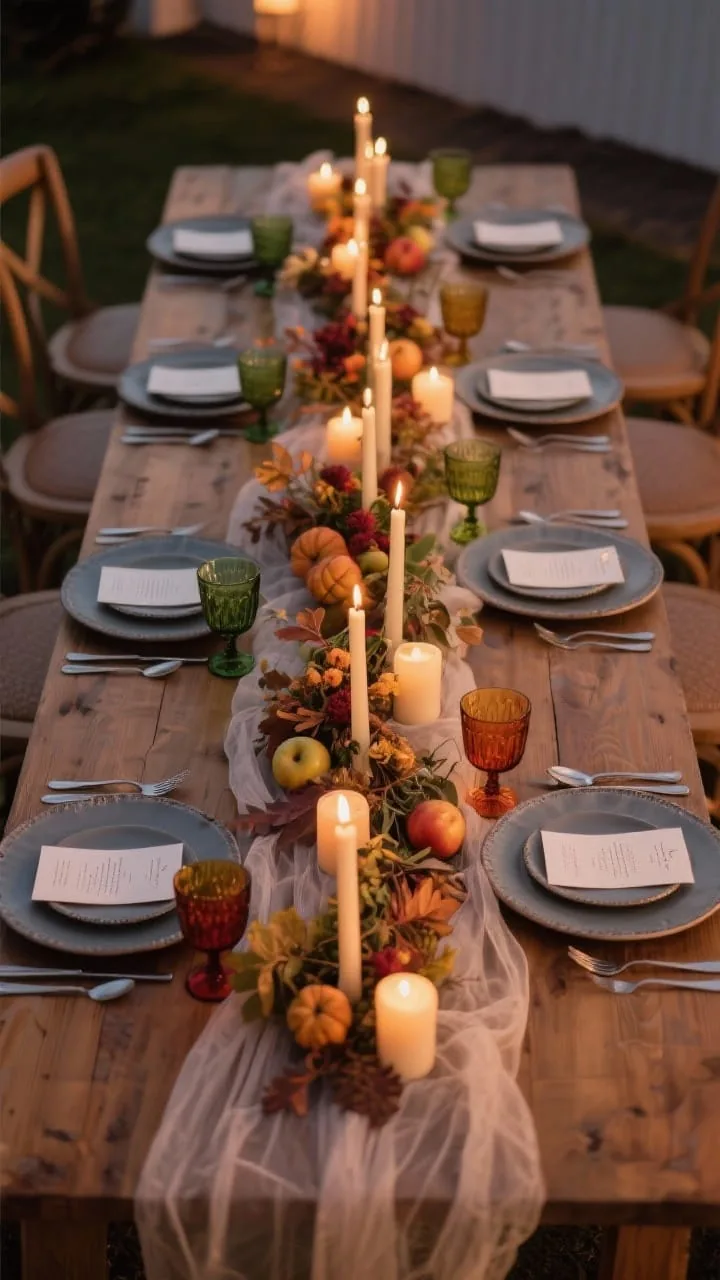 Overhead styling sequence shot that feels like the finished, edited table: gauzy runner laid and fluffed, staggered candles of varying heights down the center, main florals placed with tucked seasonal fruits and foliage, structured chargers and plates set, flatware and colored glassware arranged, finished with place cards and menus; cohesive warm palette; no extraneous items; soft evening glow.