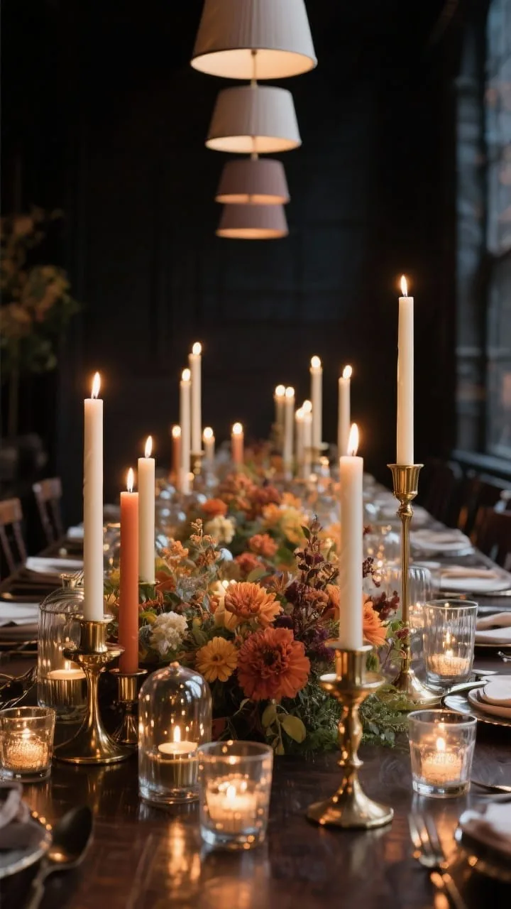Wide shot of a fall wedding table lined with layered candlelight: mixed heights of tall taper candles, mid-height pillars, and tiny votives in glass hurricanes and brass holders; tonal candle shades in ivory, taupe, and terracotta for a gradient effect; safety-conscious spacing near low florals; reflective glints on metal; dark, moody background emphasizing the glow; straight-on perspective down the table.