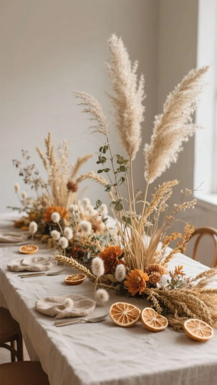 Wide shot of a table featuring dried florals and grasses: tall plumes of pampas and stems of bleached ruscus at table ends, interspersed with bunny tails, lunaria, and wheat along the center; warm toned fresh florals used sparingly to anchor the palette; dried citrus slices threaded into a subtle garland; cozy fallal color balance; side angle with depth.