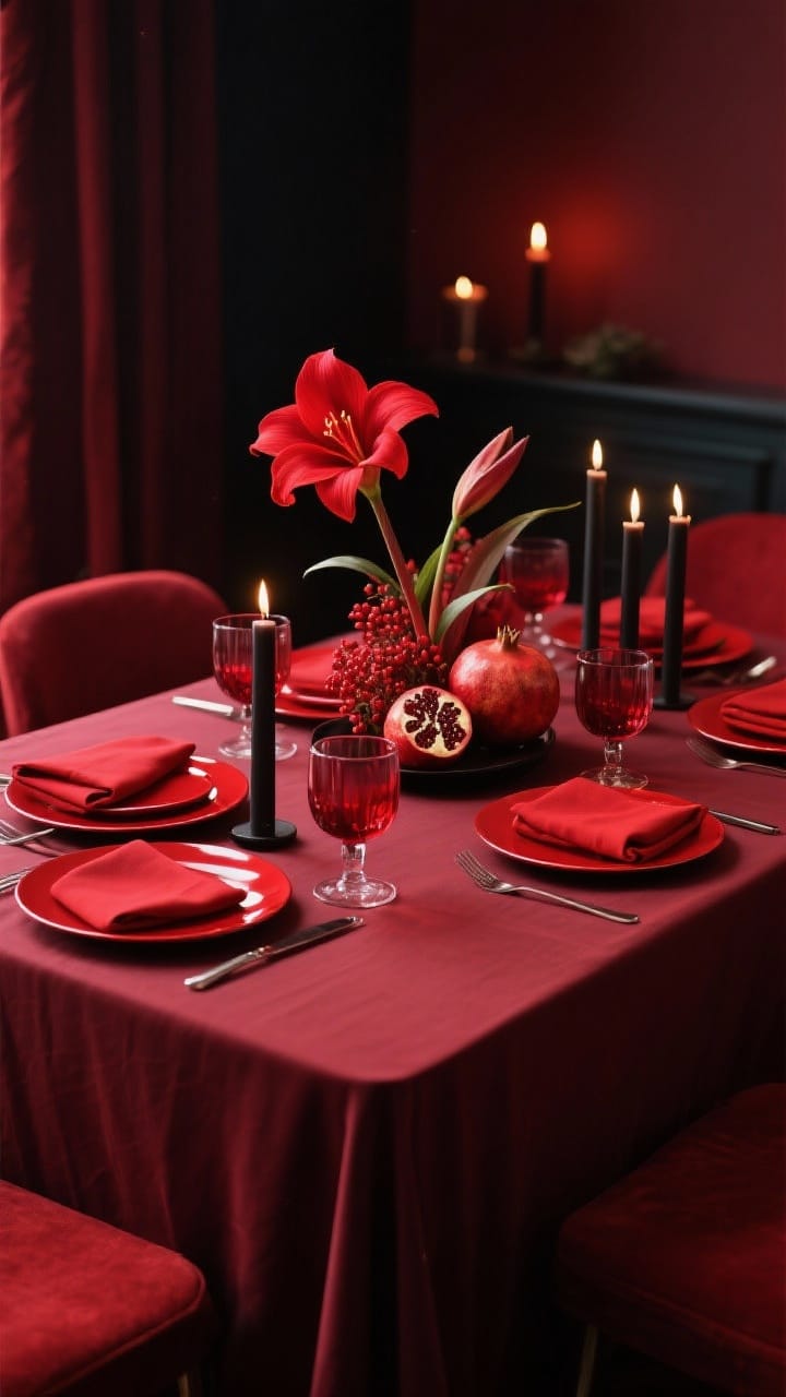 Photorealistic medium shot of a monochrome red table with tonal layers: burgundy tablecloth, crimson napkins, ruby glassware, matte red chargers with glossy red salad plates for subtle contrast; centerpiece featuring red amaryllis and pomegranates for sculptural drama; balanced with a few clear or black candles to break up intensity; moody, saturated color grading, candlelit glow, rich textures, no people
