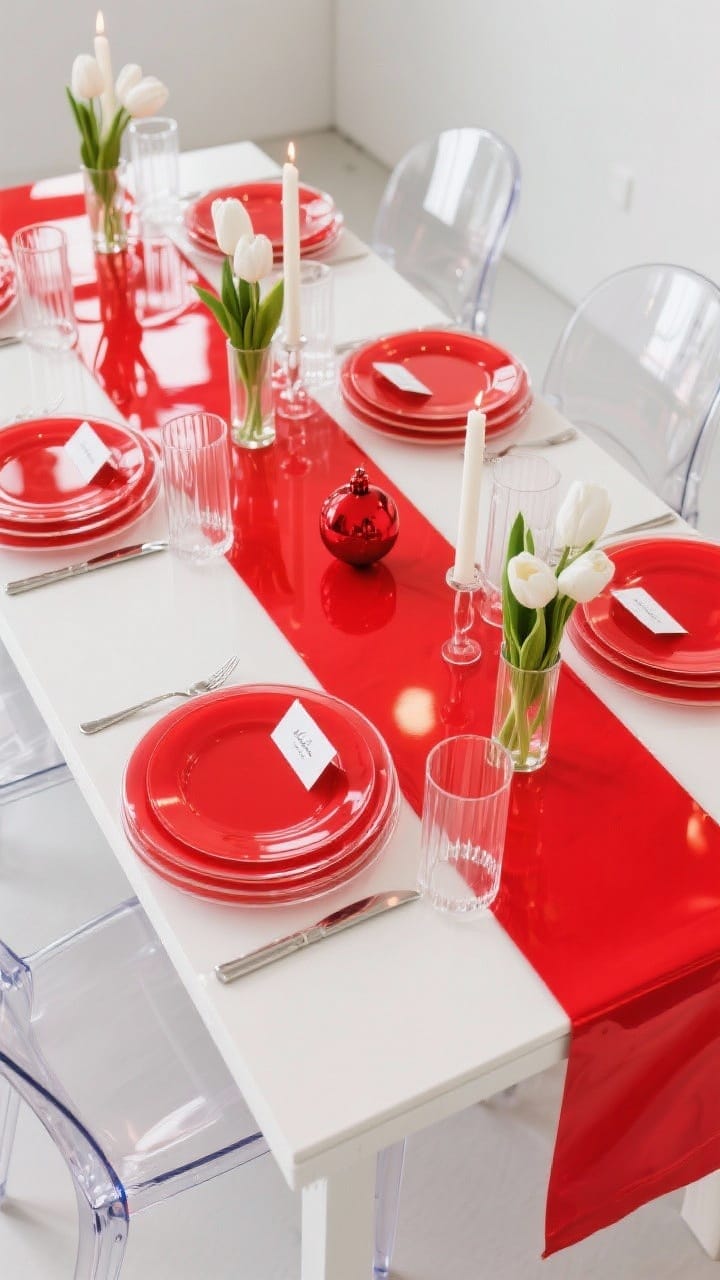 Photorealistic overhead detail shot of a modern pop setup: glossy high-gloss candy-apple red runner with clear acrylic accents—clear acrylic plates stacked on bright red chargers (or the reverse), clear chairs glimpsed at the table edge, sleek clear candleholders, and a single red ornament at each setting holding a minimalist place card; white tulips in simple glass cylinders as restrained florals; bright, crisp lighting with reflective highlights, youthful and playful, no people