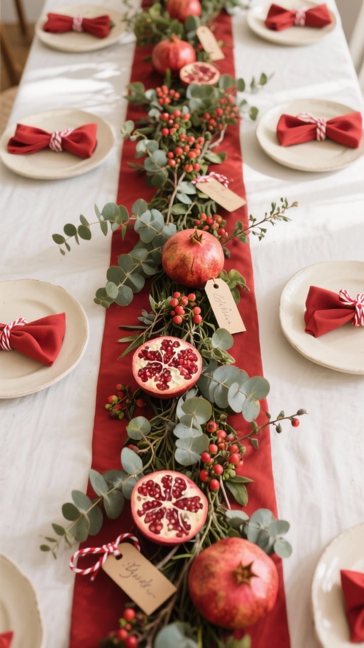 Photorealistic overhead wide shot of a botanical red centerpiece runner: a base of seeded eucalyptus laid down the center, pepperberry stems and hypericum berries tucked throughout, clusters of whole and halved pomegranates in small groups; place settings with cream plates and small red napkin bows or napkin rings, handwritten tags tied with red-and-white baker's twine; natural, organic textures, fresh and fragrant vibe, soft daylight with gentle shadows, no people