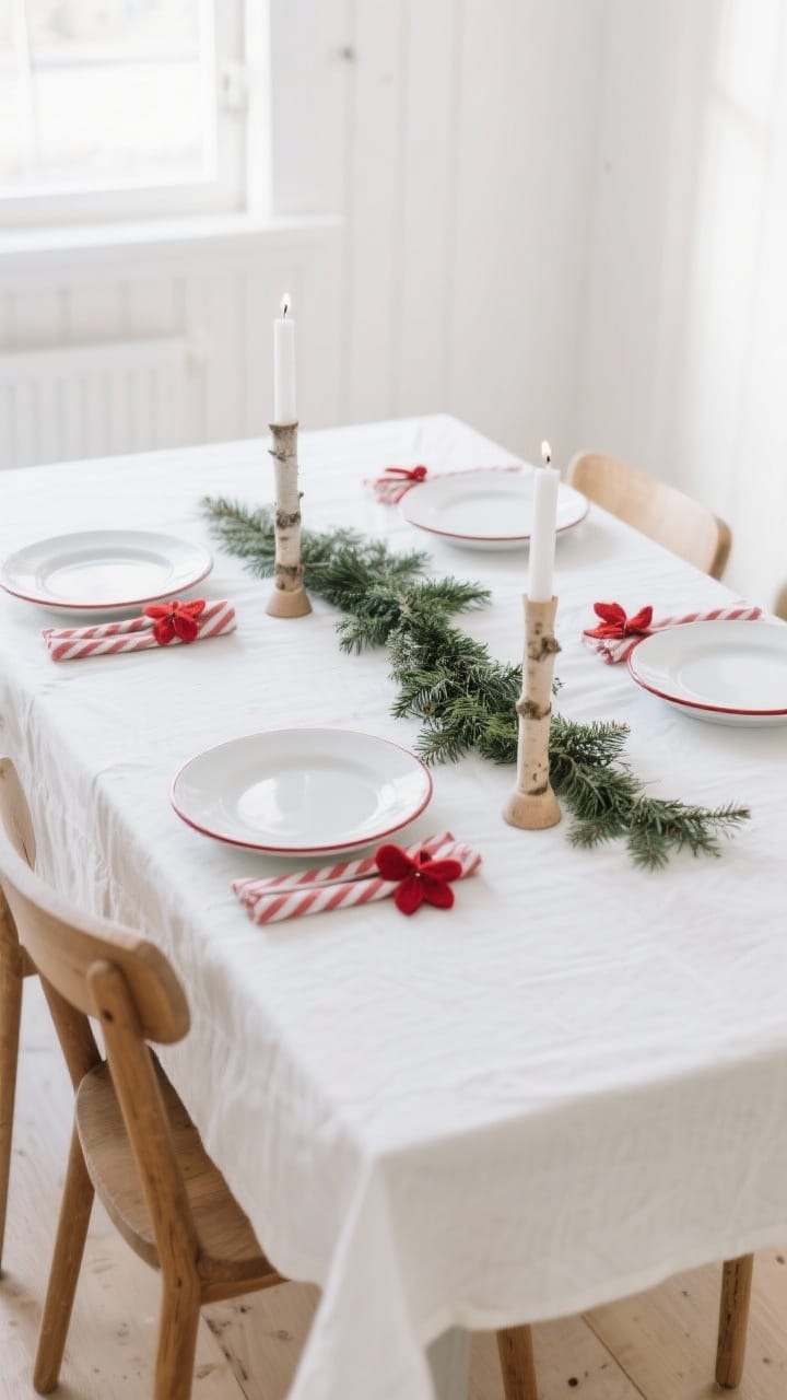 Photorealistic wide shot of a Scandinavian clean, airy dining table: white tablecloth (or pale bare wood) with simple white plates featuring thin red rims, red-and-white striped napkins, birch or natural wooden candlesticks with white tapers, and evergreen clippings laid runner-style down the center; minimal, uncluttered styling with handmade accents like tiny red felt ornaments tied to each napkin; bright natural daylight, crisp lines, no glitter, no people