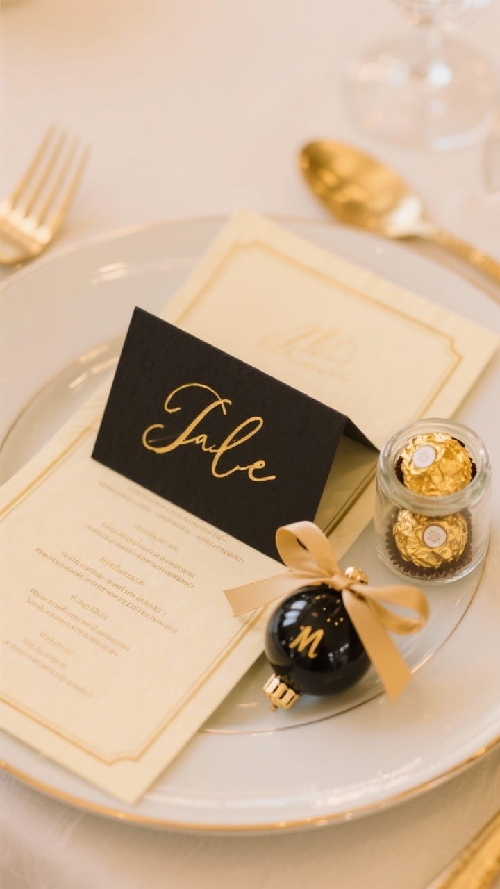 Detail overhead of personal touches at a place setting: a black cardstock place card with gold paint pen calligraphy resting on a cream menu with a thin gold border, centered over the plate. Beside it, a mini matte-black ornament with hand-lettered initial tied to the napkin, and a small clear jar of gold-dusted chocolate truffles as a favor. Consistent gold tone across paper edges, ribbon, and truffle dusting. Warm, soft lighting. Photorealistic, no people.