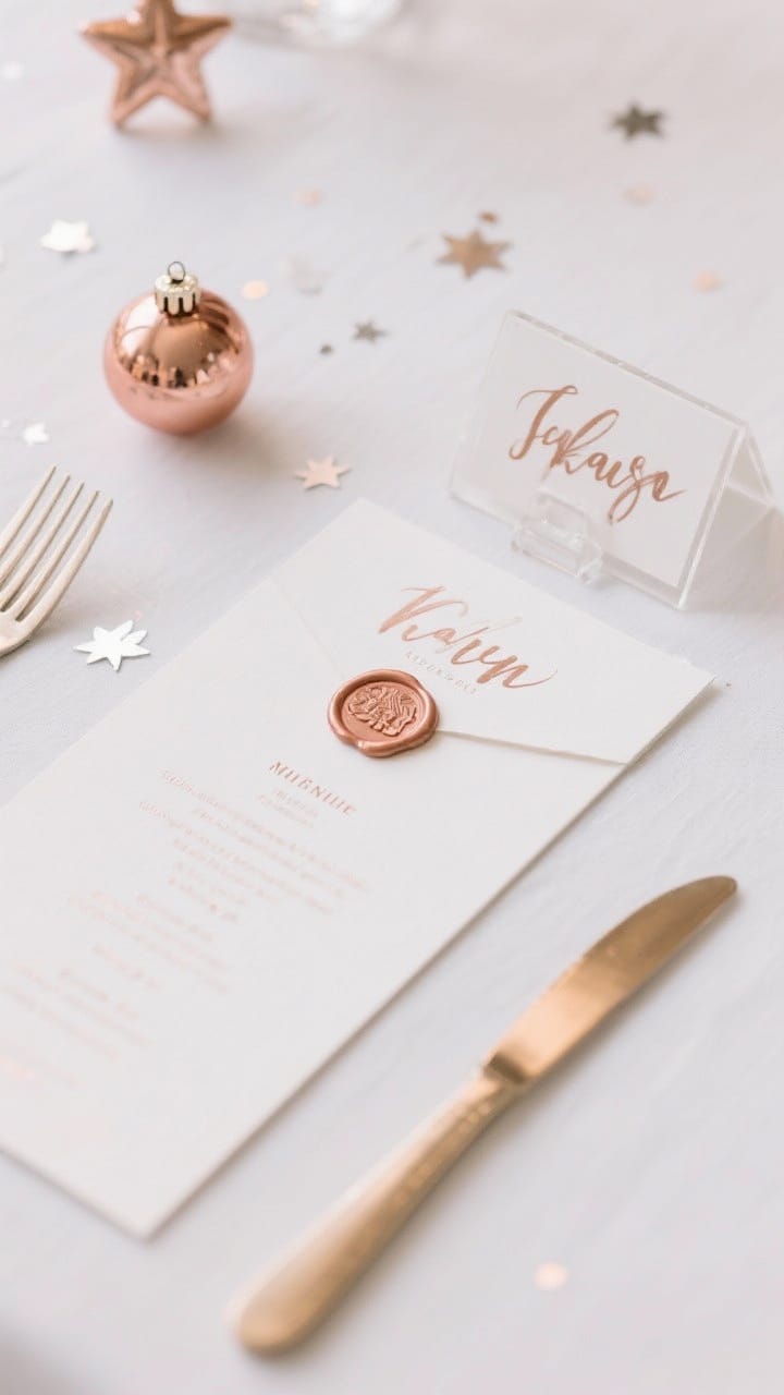 Overhead detail shot: Personalized place settings featuring mini rose gold ornaments labeled with guests' names in paint pen, acrylic place cards hand-lettered in metallic ink, and a slim vertical menu card sealed with a rose gold wax stamp. Light scattering of star motifs—star-shaped ornament, minimal star confetti, and a small star stamped on the menu—for cohesive, modern charm. Clean, uncluttered composition.