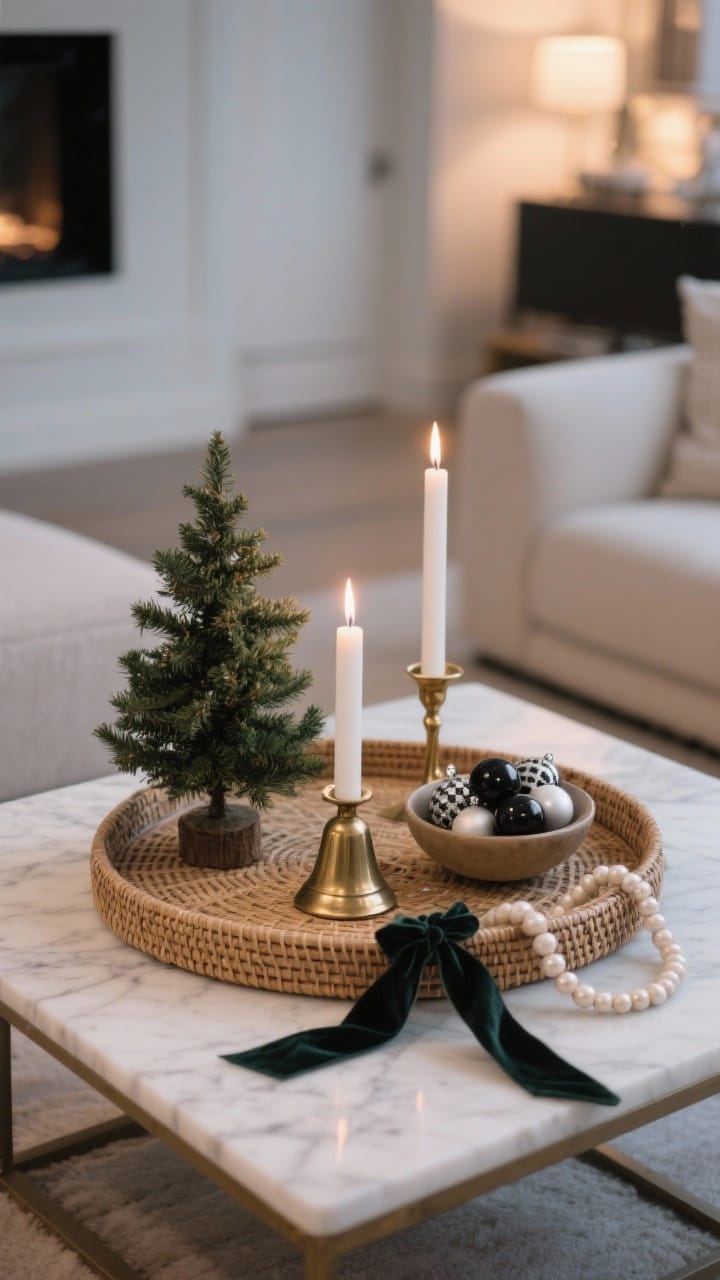 Photorealistic medium shot of a living room coffee table featuring a curated festive tray that does it all: a round rattan tray on a white marble table, holding a mini tabletop evergreen tree as the anchor piece, one white pillar candle and one brass taper candle for layered height, a small vintage brass bell, a shallow bowl of monochrome ornaments, and a soft bead garland with a loose velvet ribbon for texture; soft evening ambient light with gentle candle glow; modern neutral room in the background slightly blurred; emphasize contrast of rattan on marble and the cohesive, intentional arrangement.