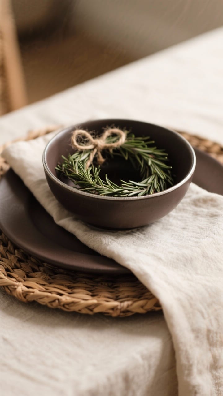 A tight, three-quarters closeup of a cozy place setting stack: rattan charger (rustic), deep-tone dinner plate, accent salad bowl with a thin metallic rim, and a mini rosemary wreath topper with twine. A crisp linen napkin waterfalls under the stack. Shallow depth of field, warm indoor light catching the plate contours and natural textures.