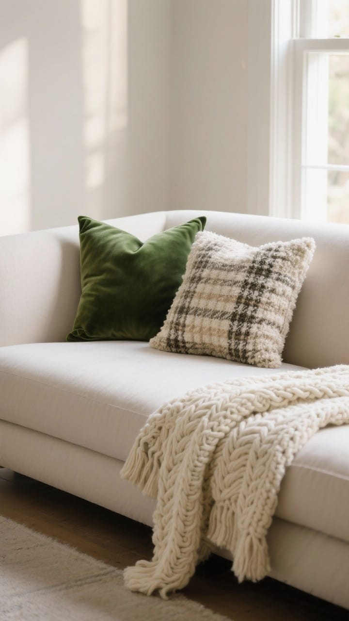Medium shot of a styled sofa capsule: three curated pillows—one solid velvet in deep green, one subtle plaid or herringbone pattern in neutral tones, and one textured bouclé or chunky knit—arranged neatly, topped with a cream cable-knit throw draped casually; refined, cozy-chic mood without novelty text pillows; soft afternoon window light, neutral backdrop, no people, photorealistic