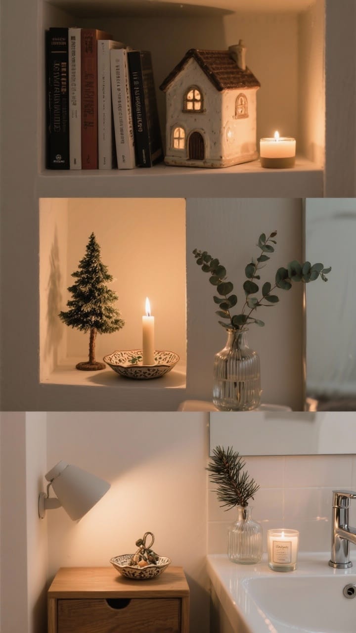 Triptych-style composition or a single frame capturing tiny vignettes in a small apartment: nightstand scene with a mini tree, a single taper candle, and a vintage ornament dish; bookshelf niche with a ceramic village house lit by a tea light nestled between books; bathroom counter corner with a eucalyptus sprig in a bud vase and a pine-scented candle; each vignette follows the rule of thirds with varying heights and one metallic or glass element; warm, intimate lighting, no people, photorealistic