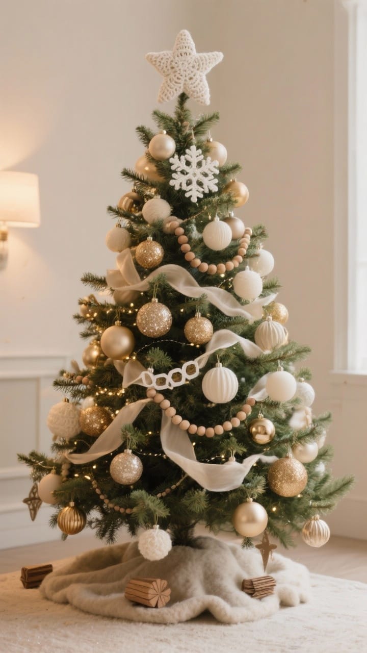 A medium shot of a Christmas tree styled with shatter-proof ornaments only: matte, satin, and glittery plastic bulbs in a cohesive monochrome palette (soft champagne, ivory, and warm gold), plus soft felt star toppers, crocheted white snowflakes, and natural wooden bead garlands. The bottom third of the tree is intentionally sparse and pet-proof with only felt and wooden pieces, while any slightly delicate ornaments are placed high near the top. No tinsel; substitute flowing ribbon garlands and paper chains. Warm, cozy ambient lighting; photorealistic, straight-on view emphasizing the safe textures and mixed finishes.