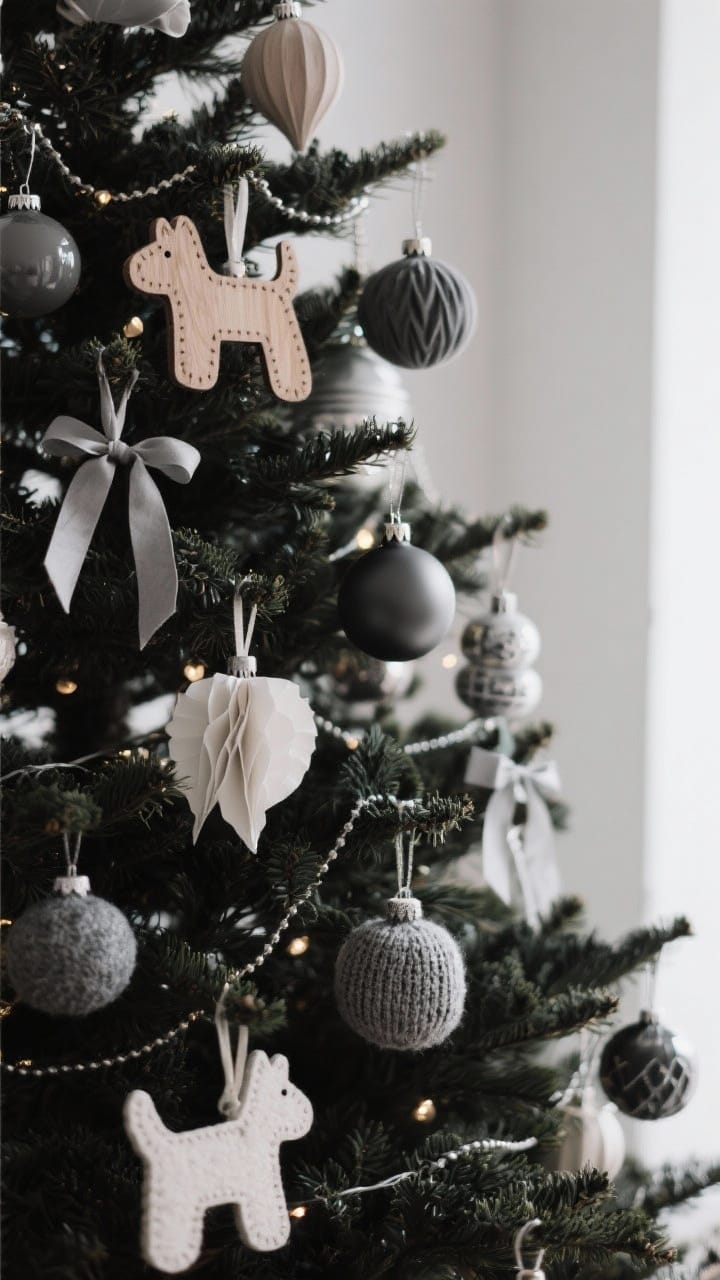 A medium shot of the mid-to-upper section of a Christmas tree showcasing pet-conscious ornaments: larger-scale felt, wood, paper, knit, and shatter-proof plastic ornaments in a cohesive monochrome palette, all attached with ribbon loops or twist ties instead of metal hooks. Show the bottom branches mostly free of tempting pieces, while sentimental or delicate-looking ornaments are clustered higher. Gentle ambient light reflecting off satin and matte finishes without glare; slight corner angle for depth.
