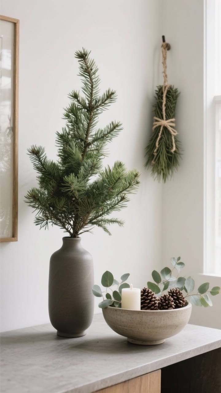 A single fir branch in a matte ceramic vase for minimalist Christmas decor