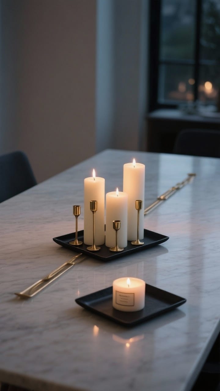 Cream pillar candles on a matte black tray for minimalist Christmas candlelight