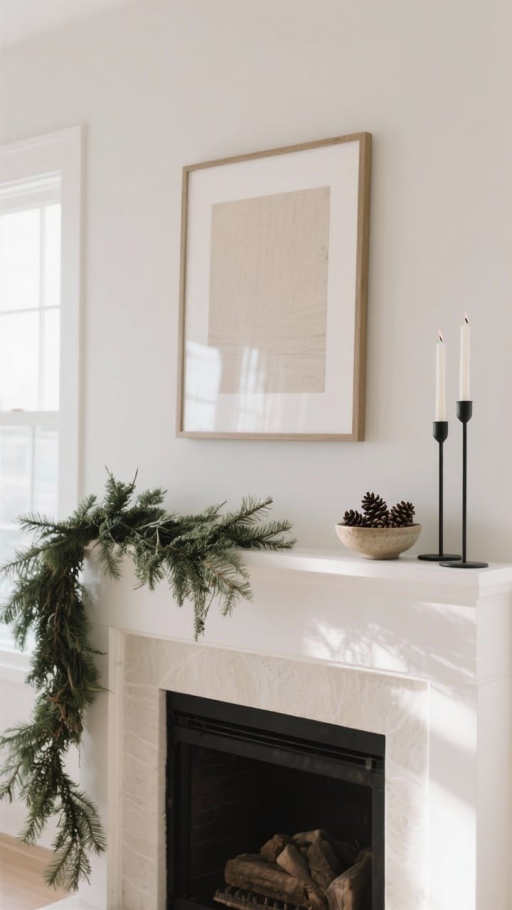 A minimalist Christmas mantel with asymmetric cedar garland and taper candles
