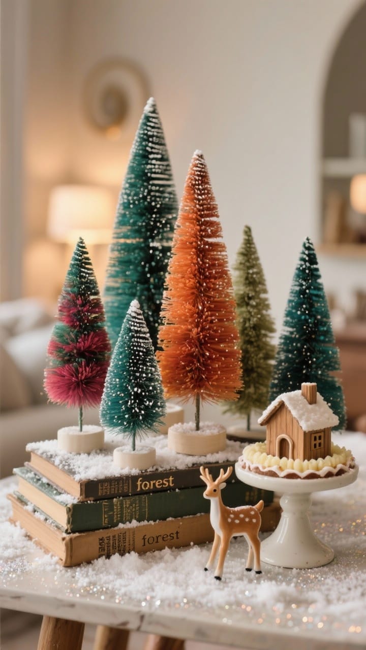 A detail closeup of a tabletop cluster of bottlebrush trees arranged by tone in jewel colors, varied heights forming a mini forest, with the tallest at the back and smallest in front. Some trees are raised on stacked vintage books and a small cake stand for dimension. A delicate dusting of faux snow and subtle glitter catches warm ambient light; tiny ceramic deer and a little wooden house complete a mid-century–charm vignette.