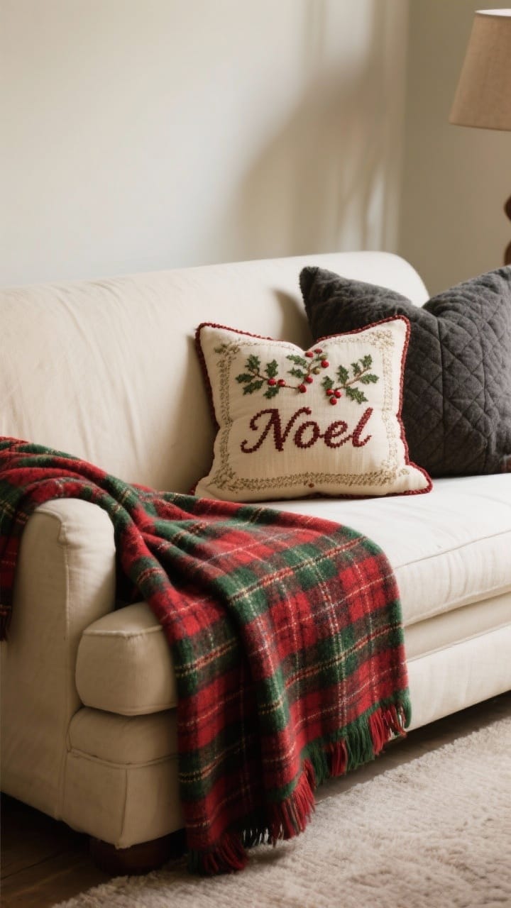 A medium shot of a sofa layered with vintage textiles: a classic red-and-forest-green tartan plaid throw draped over the arm, a needlepoint Noel pillow and a holly motif pillow mixed in, all set against a calm base palette of cream and charcoal upholstery. Texture-rich fabrics (wool, flannel, quilted cotton) read clearly. Warm, cozy indoor lighting emphasizes the tactile quality without feeling fussy.