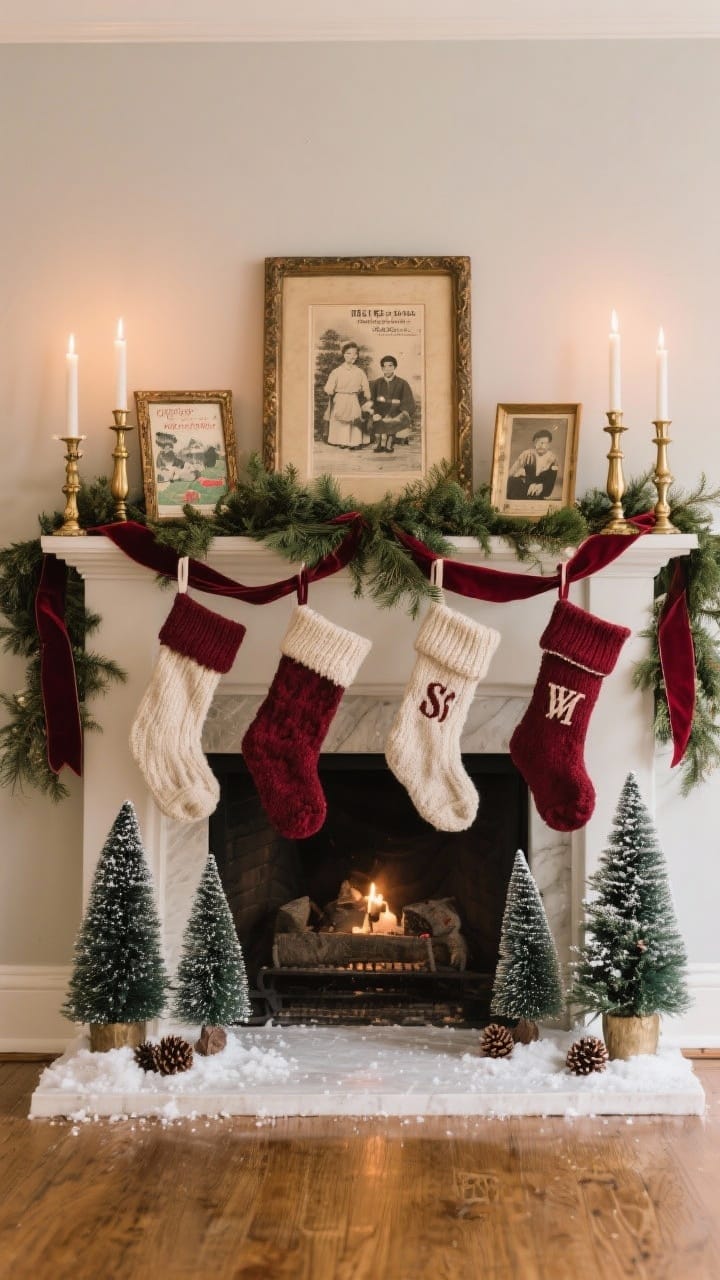 A wide, straight-on shot of a nostalgic mantel scene (or console table used as a faux mantel) styled with a loosely draped cedar/pine garland and long velvet ribbon tails. Mixed-height brass candlesticks with ivory and deep red tapers flank vintage frames holding old holiday postcards and family photos. Knit and needlepoint stockings with monograms hang below, with bottlebrush trees and a few scattered pinecones and faux snow across the surface. Soft candlelight and warm ambient glow.