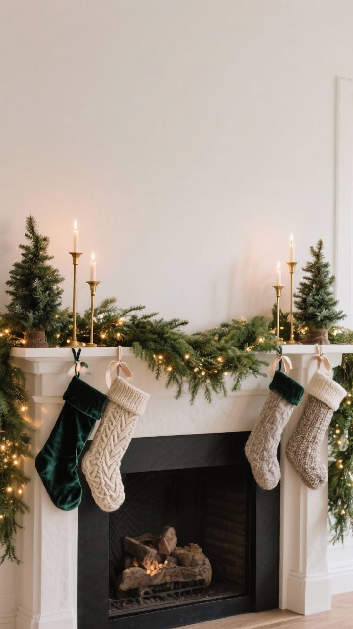 Straight-on medium shot of a styled mantel (or a console table masquerading as one) with a lush, realistic faux garland draped across as the base. Weave warm micro lights through the greenery, and add height with brass candlesticks and a pair of small tabletop evergreen trees flanking both sides. Hang mixed-texture stockings—cable knit and velvet—on pretty ribbon or hooks. Warm candlelit glow and micro light sparkle, symmetrical and polished.