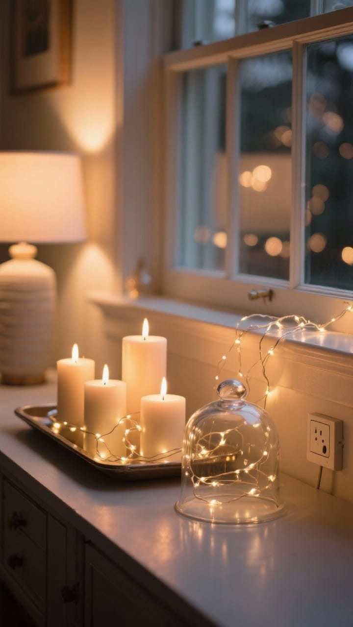 Detail/closeup: Layered soft lighting elements arranged on a console or windowsill. Warm dimmable bulbs (2700K–3000K) from a nearby lamp cast a gentle glow over a cluster of real and flameless pillar candles on a tray, micro string lights coiled inside a glass cloche, and another delicate strand draped along a shelf edge. Background lights on a timer implied by a small discreet plug or switch. Cinematic, cozy ambiance with visible bokeh, photorealistic.