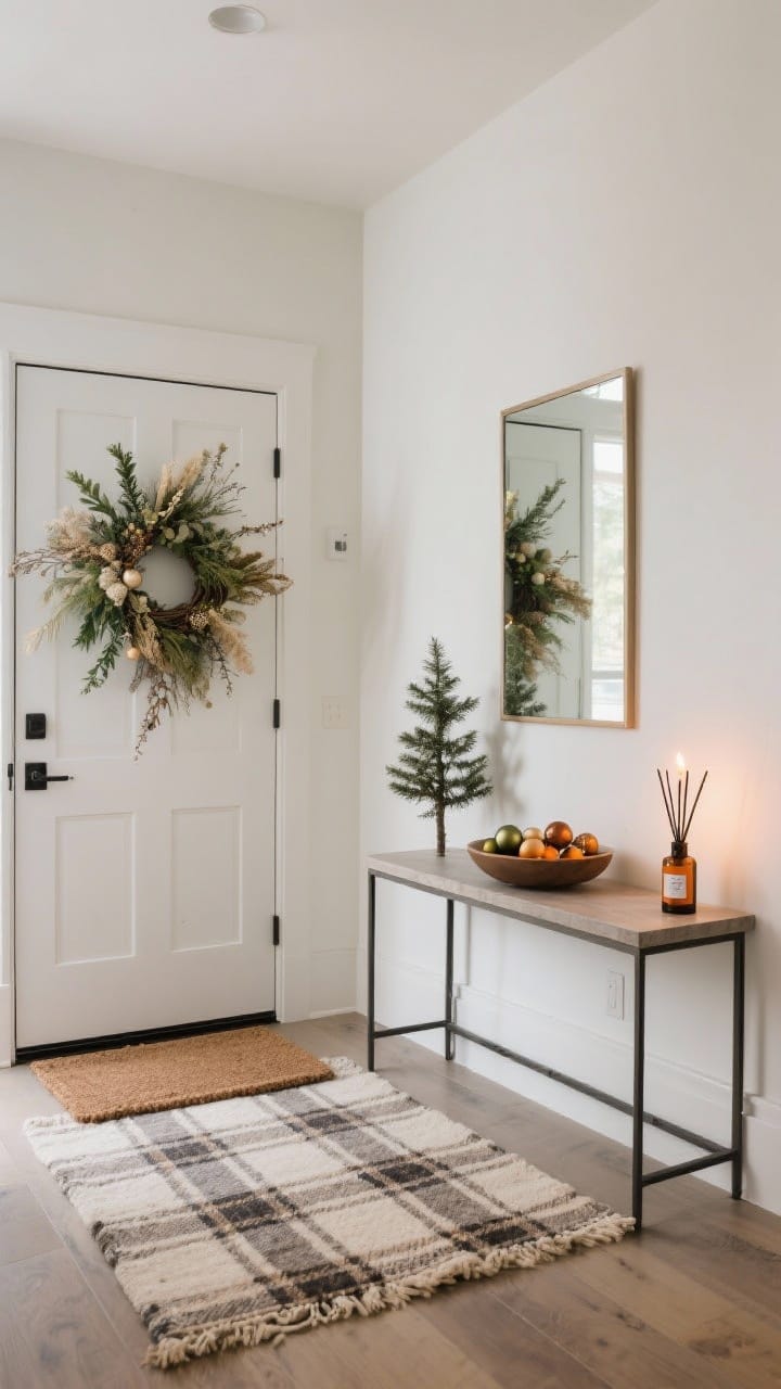 Medium shot of a refreshed entryway: A modern asymmetrical wreath of mixed greens or dried florals on the door, a console table styled with a bowl of ornaments, a petite tabletop tree, and a lit candle. On the floor, a layered look with a plaid rug under a neutral coir doormat. A wall mirror above the console to bounce light, and a discreet diffuser emitting pine, cedar, or orange-clove suggested by a labeled bottle. Soft, welcoming lighting, clean lines, photorealistic.
