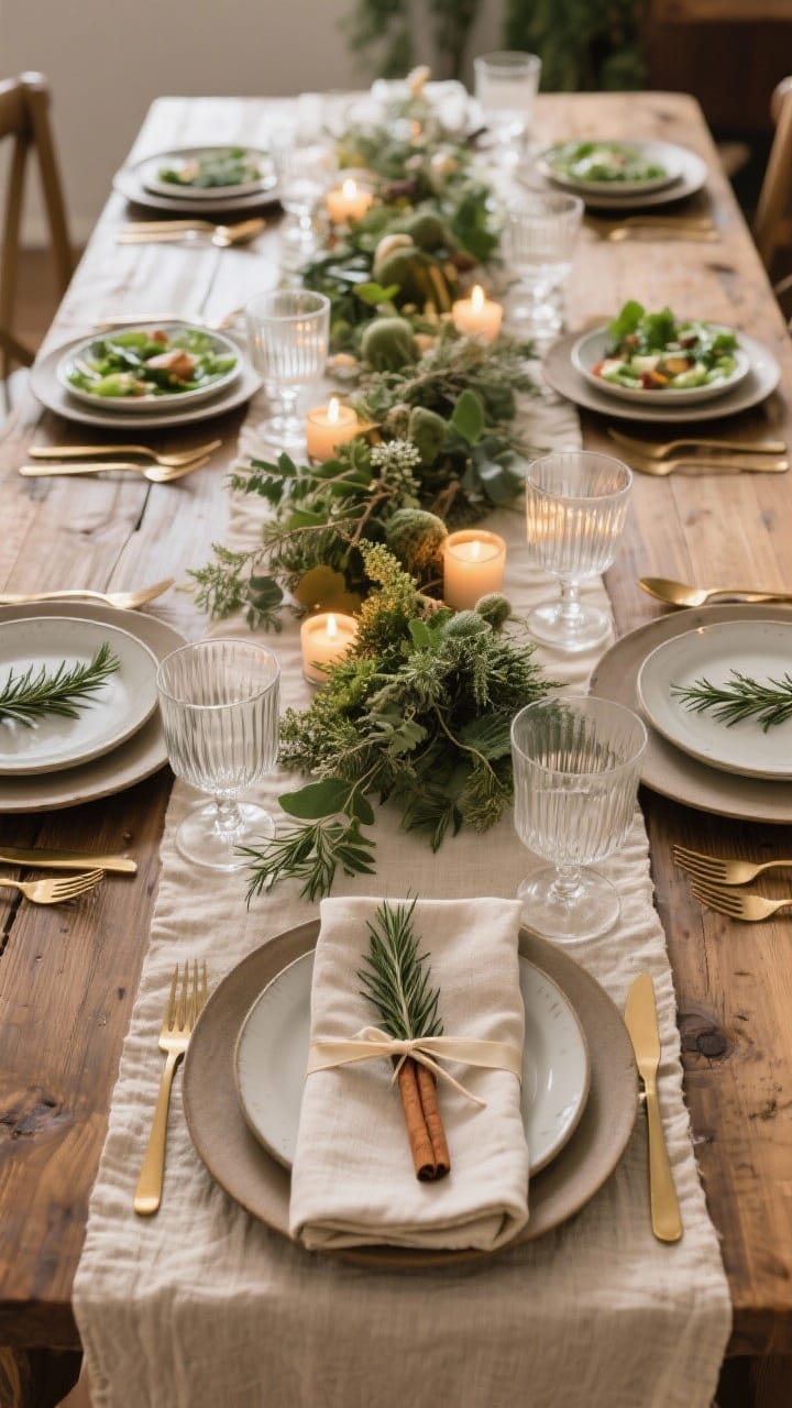 Overhead detail shot of a chic seasonal tablescape: A natural linen runner (no full tablecloth) on a wood table, each place setting stacked with a charger, dinner plate, and salad plate. A folded napkin topped with a sprig of rosemary or a cinnamon stick tied with thin ribbon. Low centerpiece of mixed greenery interspersed with tea lights for unobstructed sightlines. Ribbed glassware and brushed gold flatware add understated glam. Palette consistent with surrounding decor, warm candlelight reflections, photorealistic.