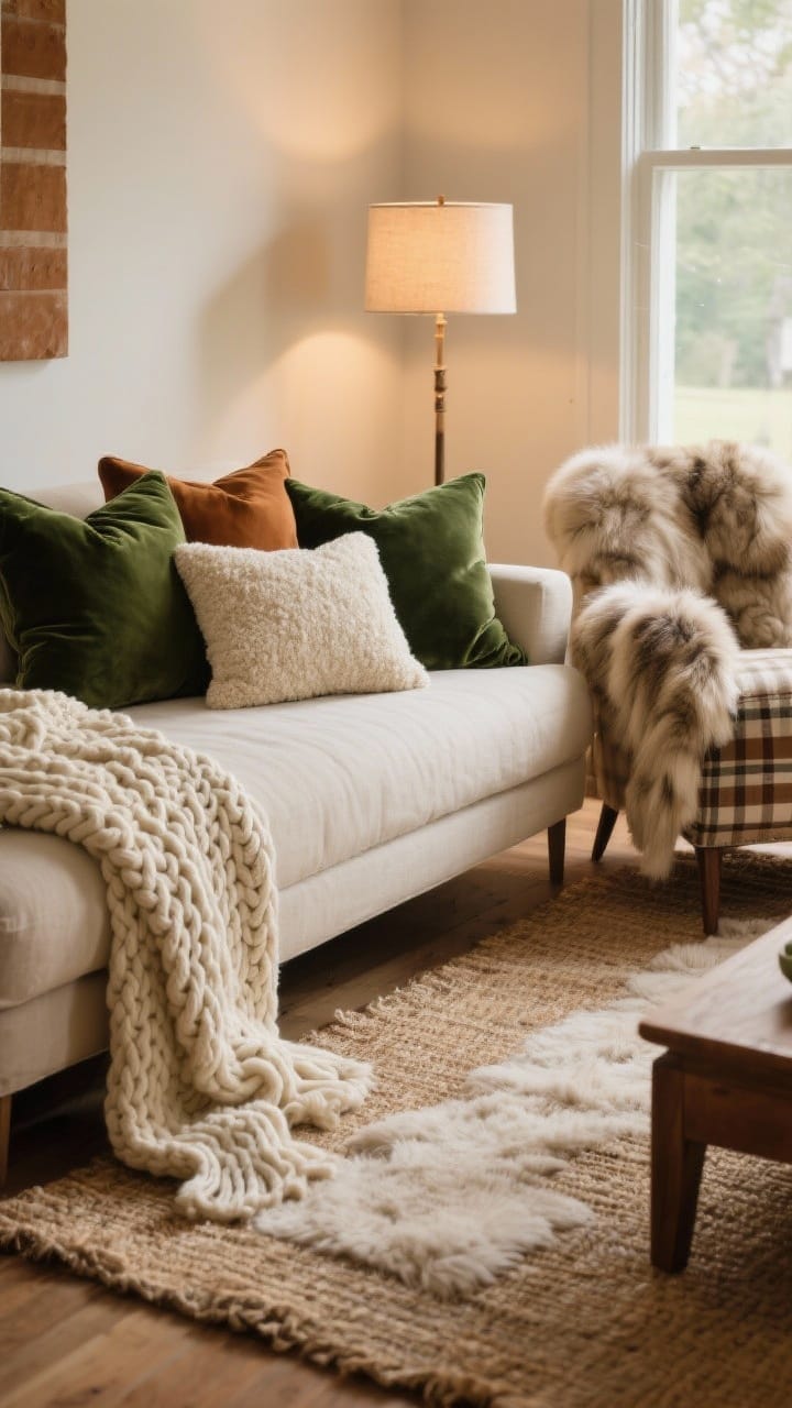 Wide shot: A living room styled with layered cozy textures in a tight palette of cream, caramel, and forest green. A linen sofa draped with a chunky cable-knit cream throw, an adjacent armchair topped with a luxe faux fur blanket, and an assortment of pillows in velvet forest green, cream bouclé, and subtle plaid arranged in odd numbers. On the floor, a soft plush rug layered over a larger natural jute base. Soft, warm ambient light from a nearby window and a dim floor lamp creates a huggable mood. No people, photorealistic.