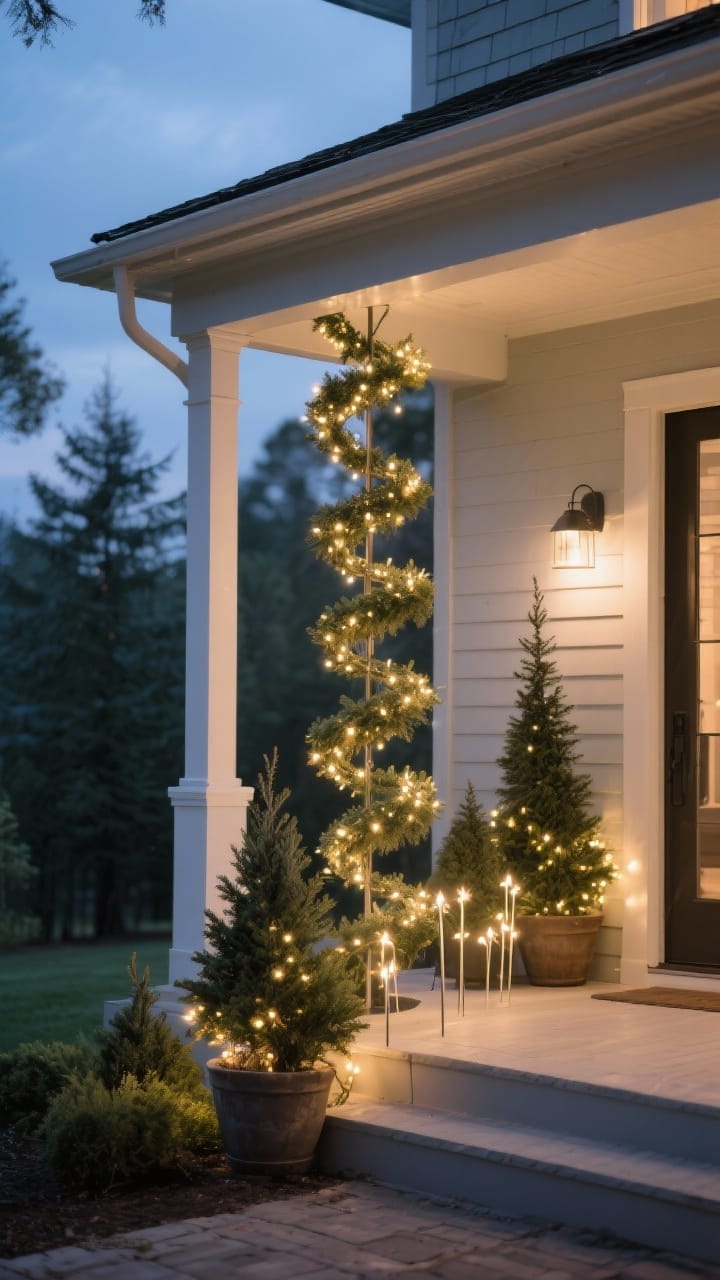 Exterior facade detail at dusk: identical simple wreaths centered on each window, each hung by a ribbon for cohesive repetition; warm battery window candles glowing on interior sills; delicate evergreen swags on upper corners of smaller windows; subtle, elegant lighting, photorealistic.